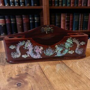Vtg Korean Natural Wood & Mother of Pearl Dragon Letter Pen Holder - High Gloss